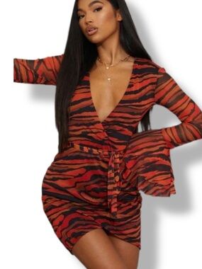PrettyLittleThing Orange Zebra Print Mesh Flared Sleeve Tie Waist Bodycon US 8
